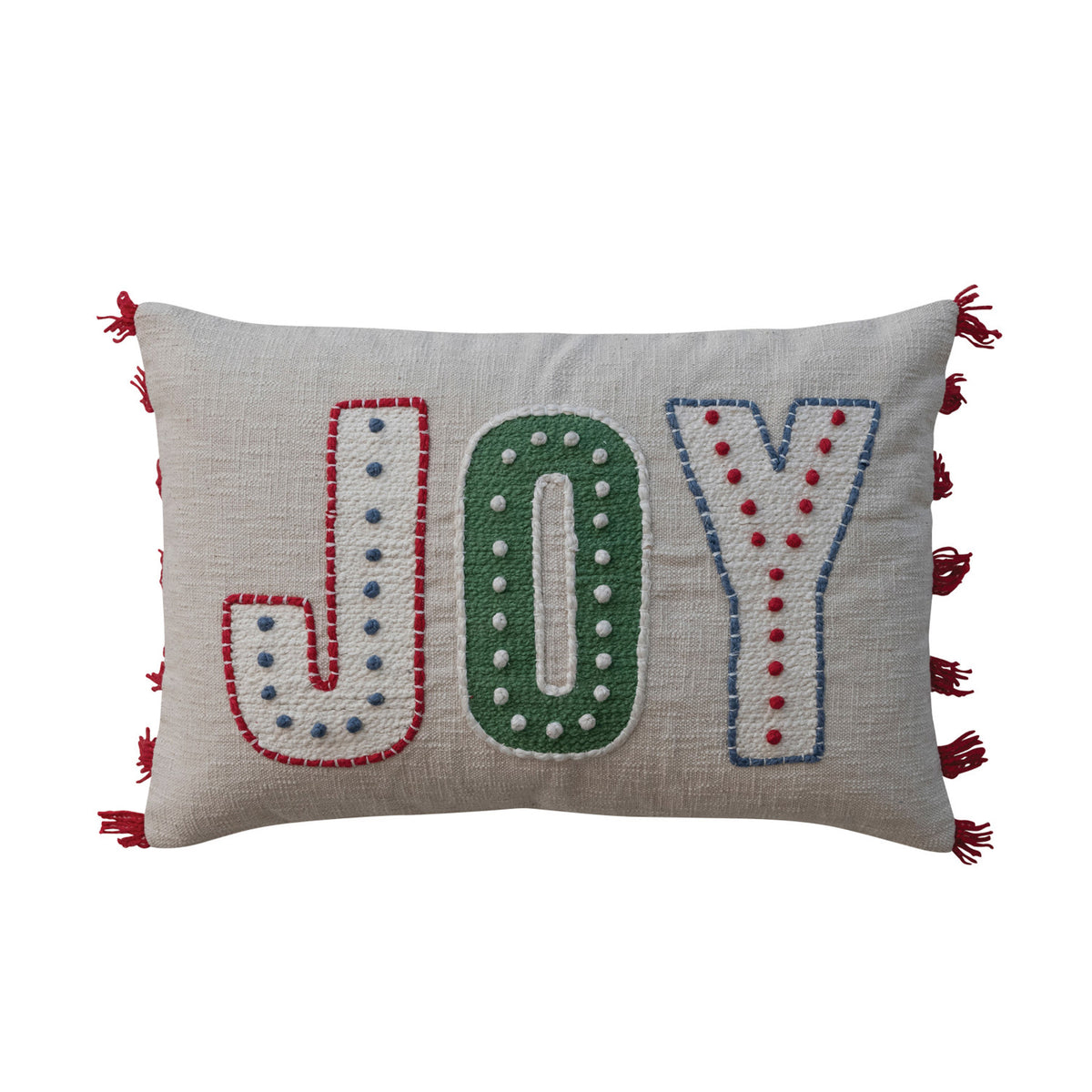 Cotton Lumbar Pillow with Embroidery & Fringe "JOY"