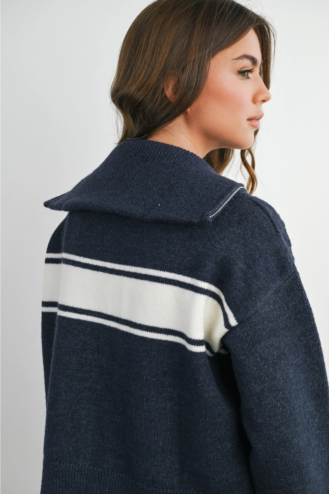 Zip Front Collared Stripe Cardigan