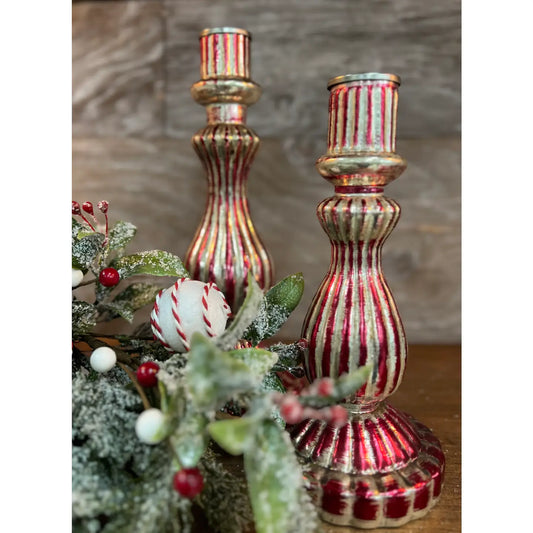 8.5" Red Striped Glass Taper Holder