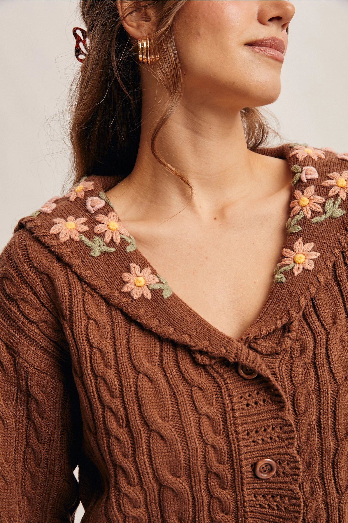 Cable Knit Embroidered Collar Cardigan