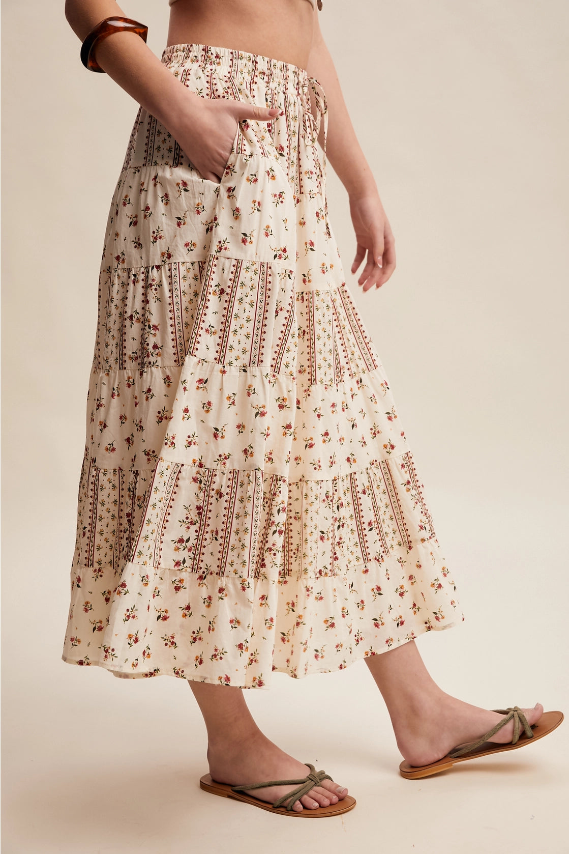 Floral Mixed Print Tiered Maxi Skirt