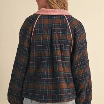 Plaid Quilted Jacket with Contrast Corduroy Detail