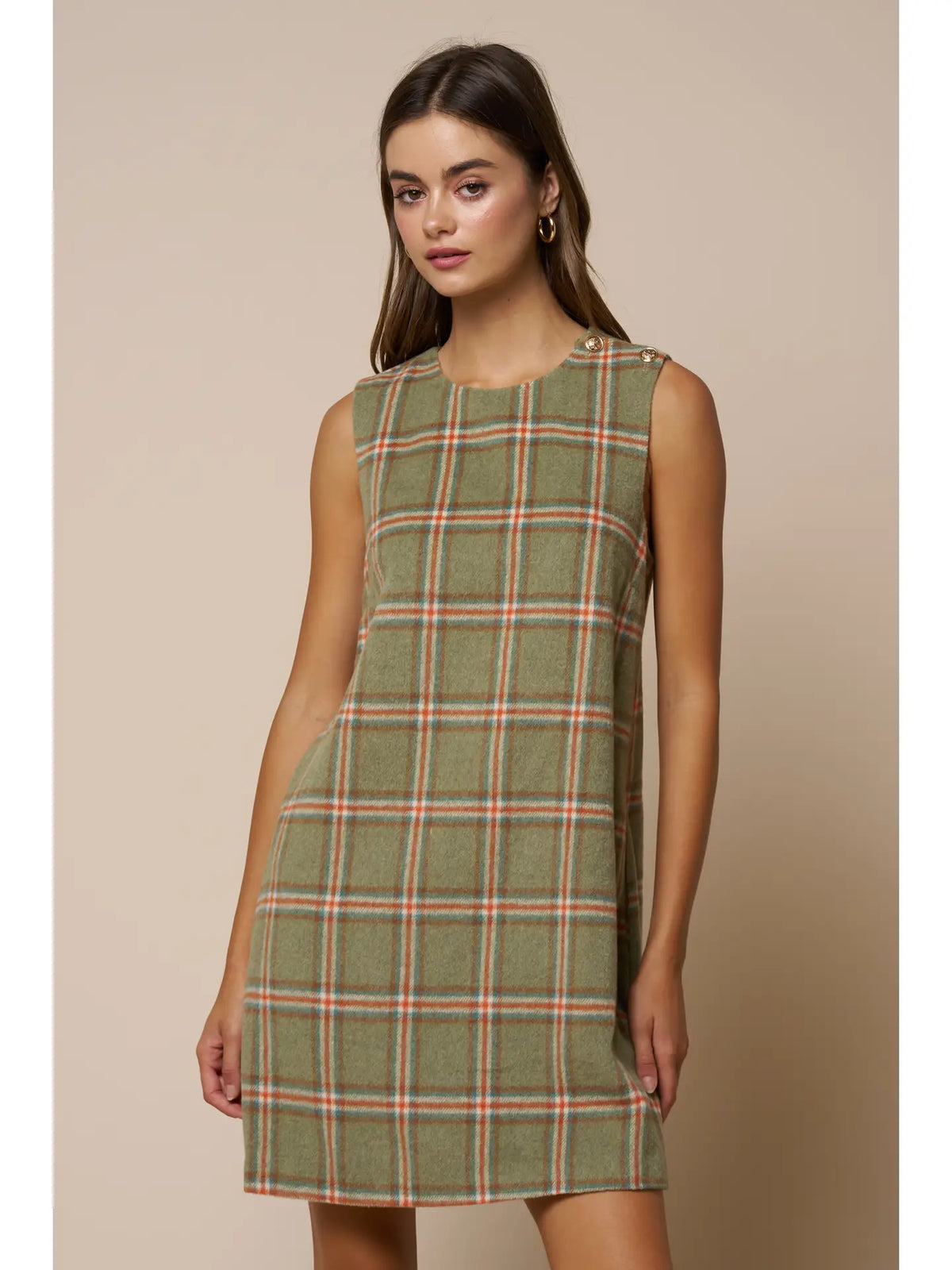 Plaid Sleeveless Mini Shift Dress W/Pockets