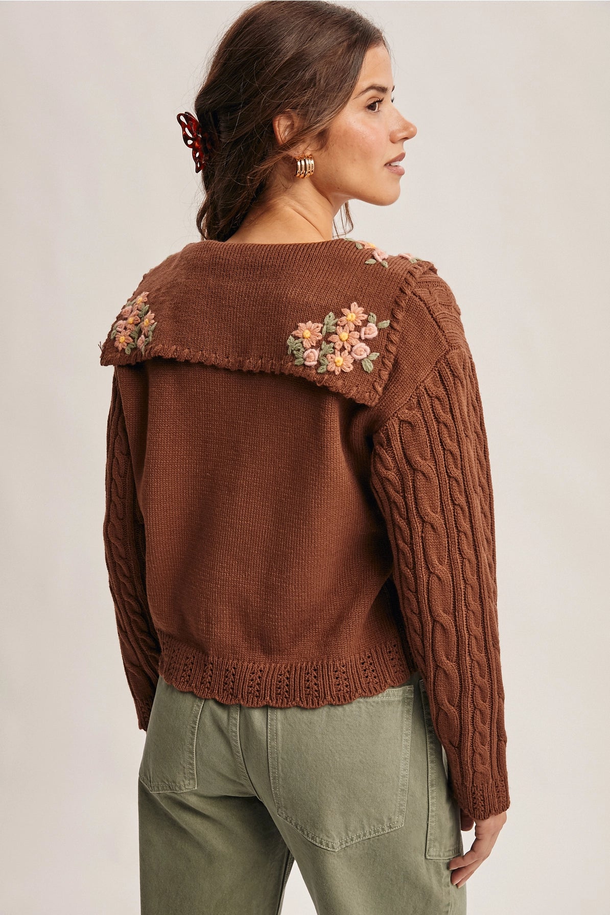 Cable Knit Embroidered Collar Cardigan