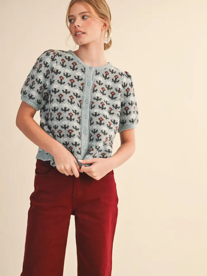Floral Short Sleeve Sweater Cardigan