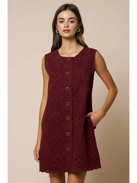 Pattern Embroidery Button Down Mini Shift Dress
