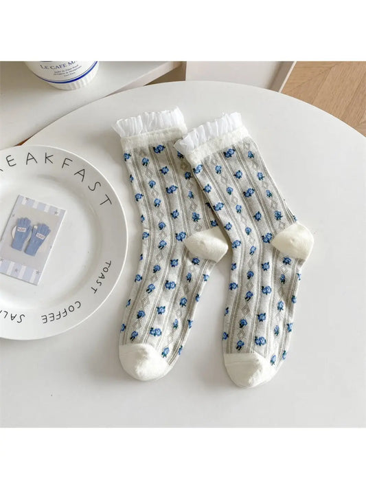 Lace Ruffle Floral Knit Crew Socks