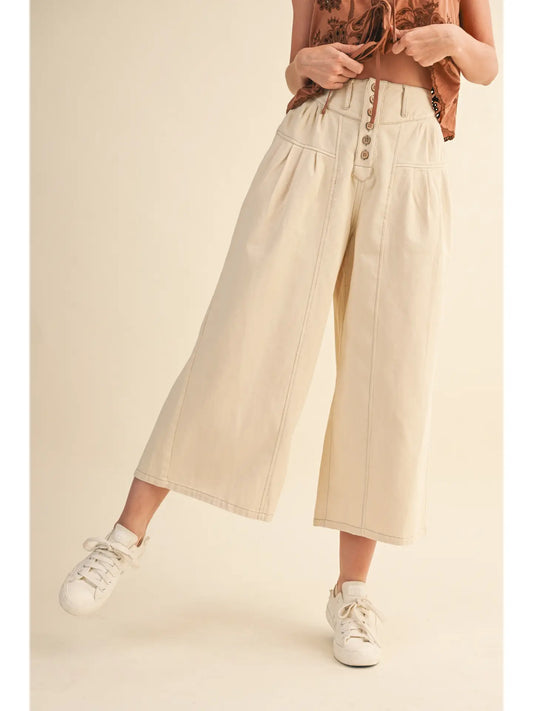 Cotton Twill High Waist Cropped Wide Leg Pants