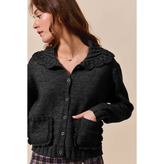 Crochet Trim Long Sleeve Cardigan Sweater