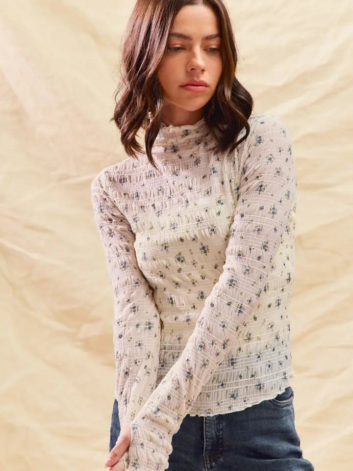 Floral Print Textured Long Sleeve Knit Top