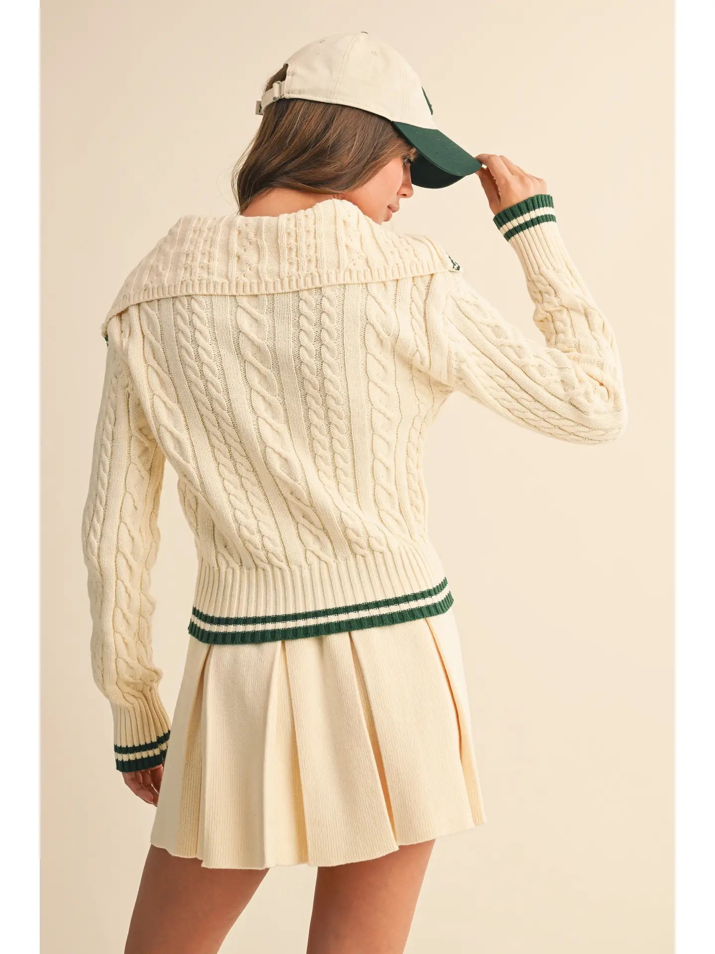 Cable Knit Collard Sweater Top and Pleated Skirt
