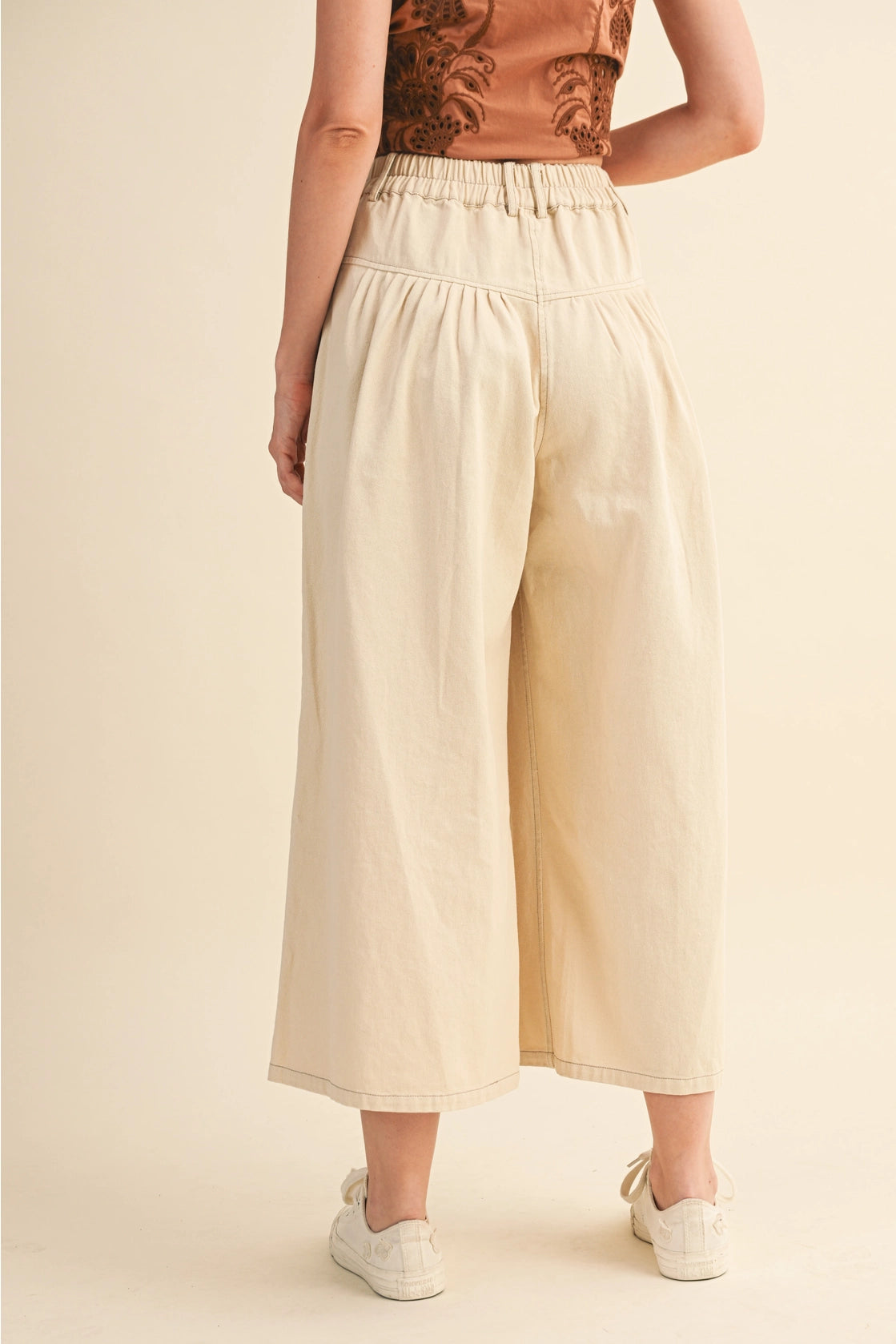 Cotton Twill High Waist Cropped Wide Leg Pants