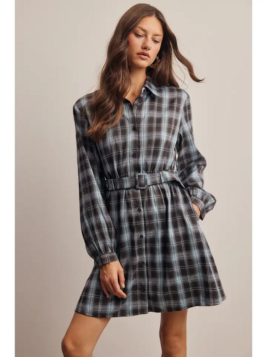 Belted Plaid Shirt Dress