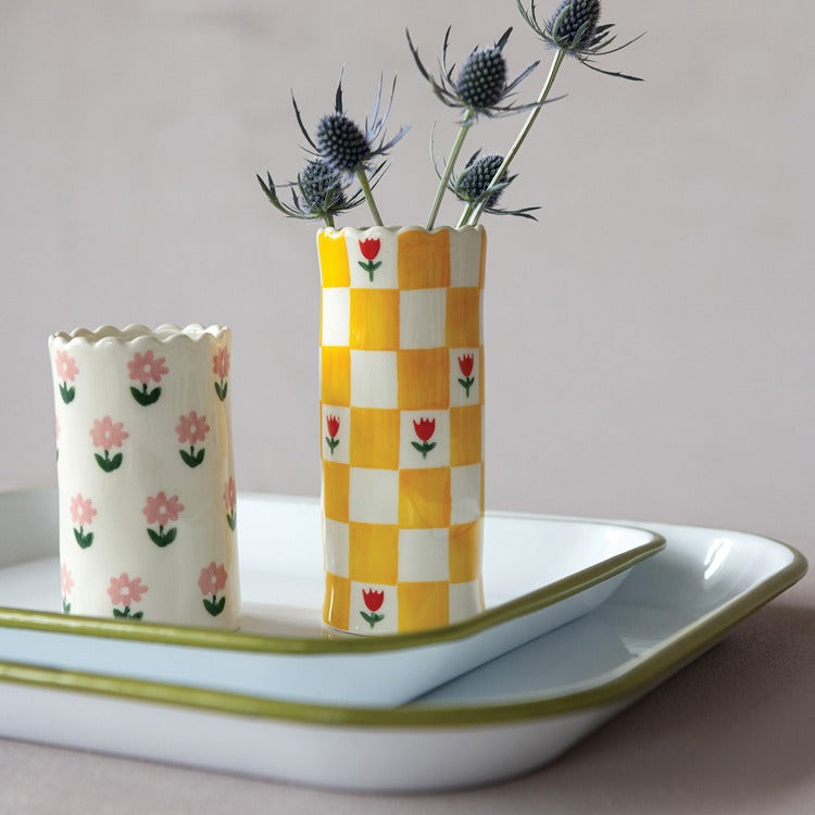 Yellow Check & Flower Scalloped Vase