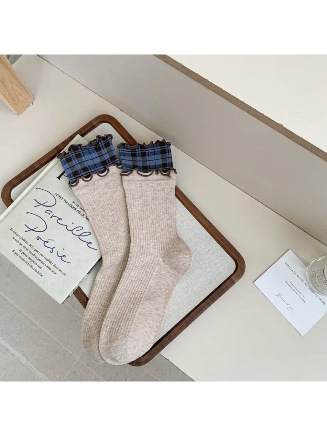 Ruffled Edge Plaid Mid-Calf Socks