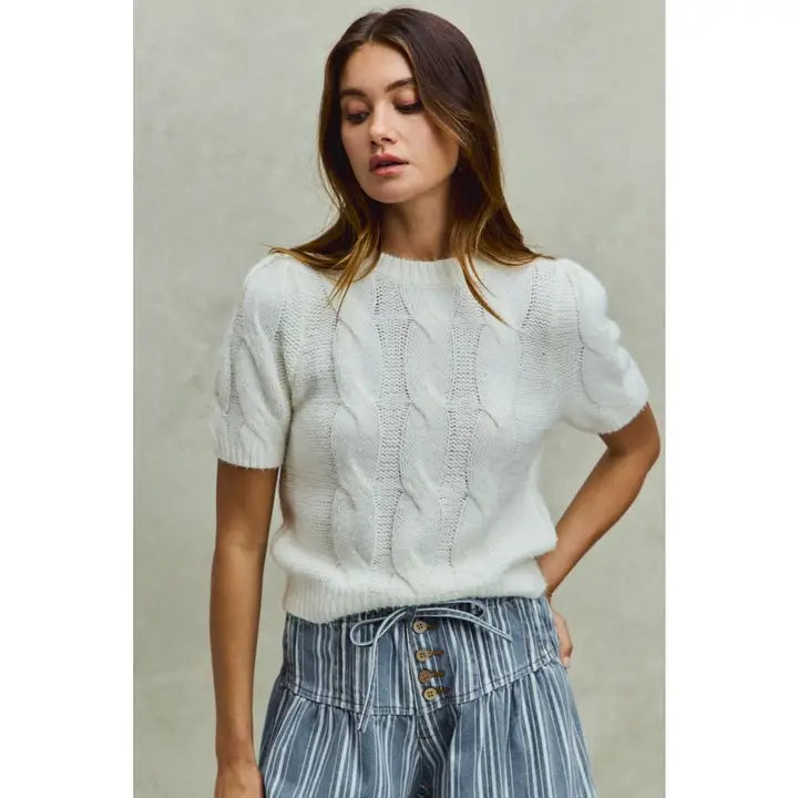 Soft Fuzzy Yarn Cable Knit Short Sweater Top