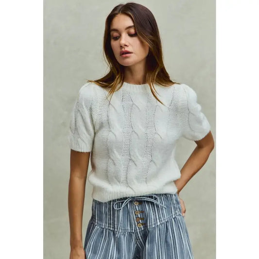 Soft Fuzzy Yarn Cable Knit Short Sweater Top
