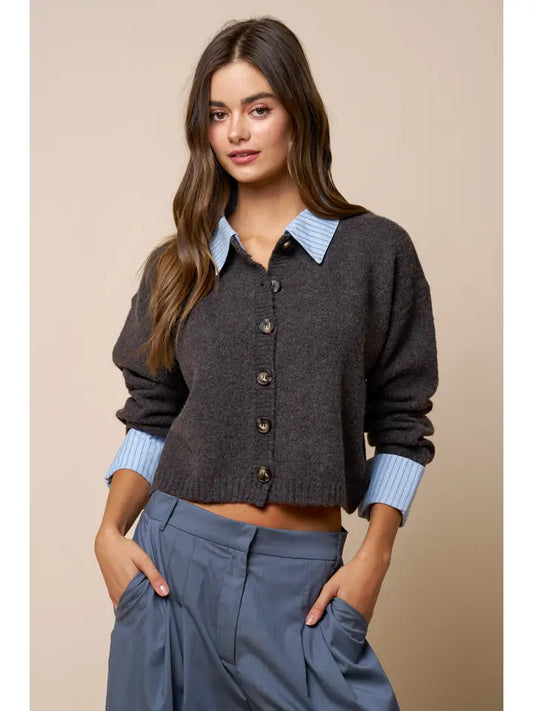 Stripe Trim Button Down Sweater Cardigan