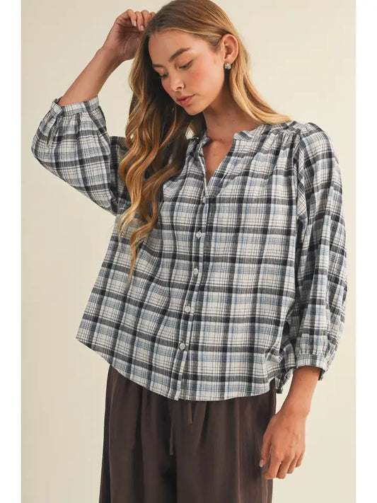V-Neck Shirred Yoke Plaid Blouse
