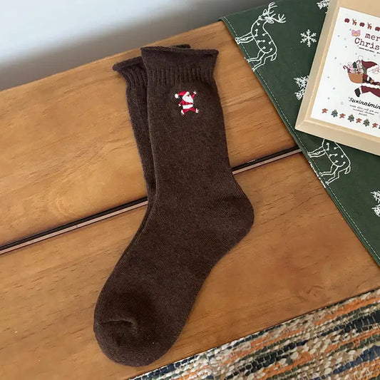 Roll Cuff Christmas Embroidered Socks