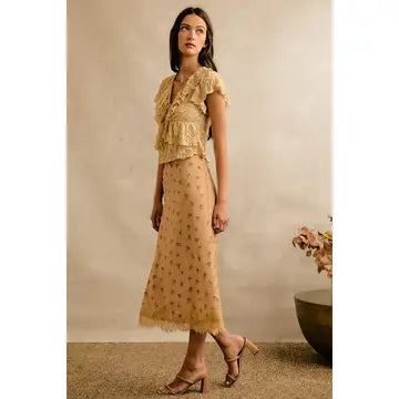 Satin Floral Print Lace Trim Skirt