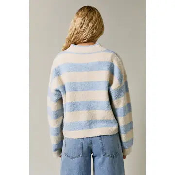 Striped Fuzzy Knit Mock Neck Button Cardigan
