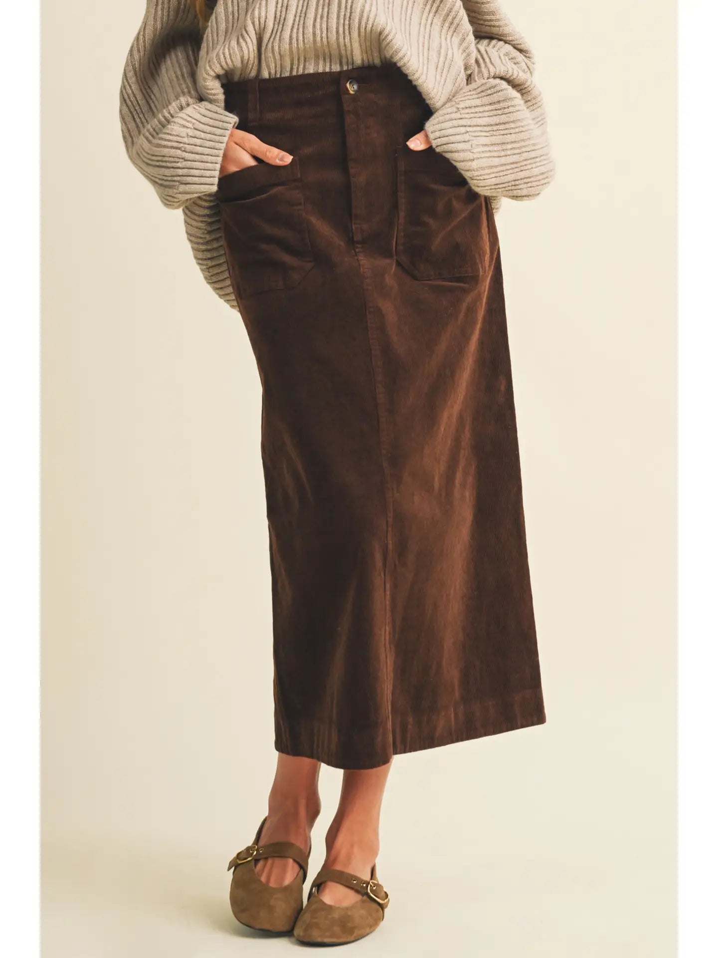 Corduroy Patch Pocket Midi Skirt
