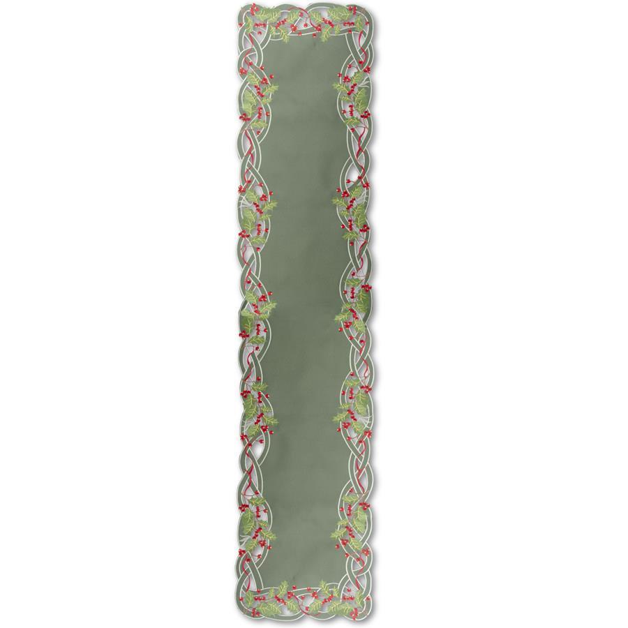 70" Green Embroidered Holly Table Runner