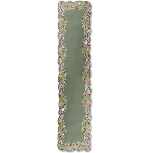 70" Green Embroidered Holly Table Runner