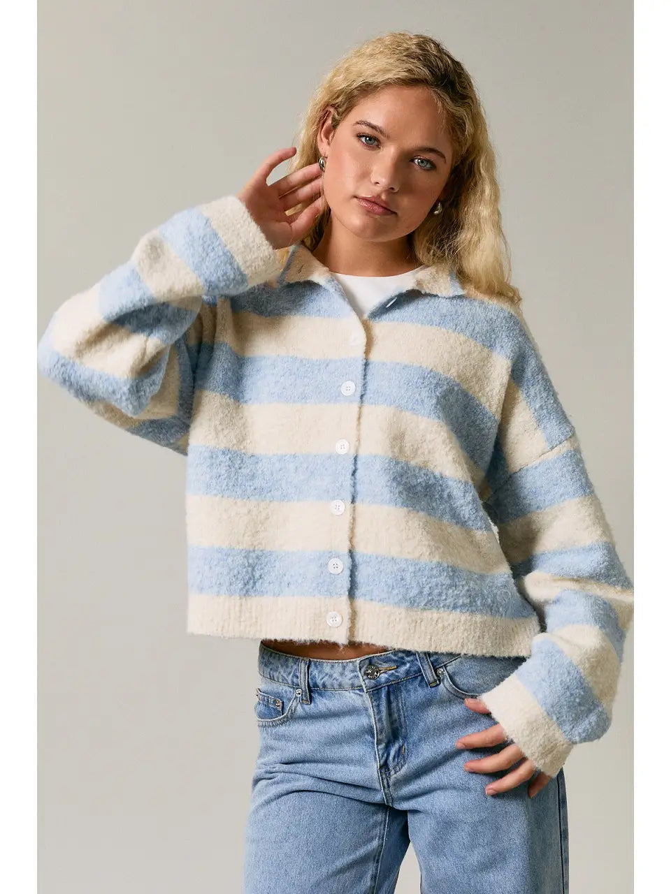 Striped Fuzzy Knit Mock Neck Button Cardigan