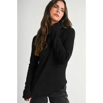 Black Thermal Knit Lettuce Edge Top