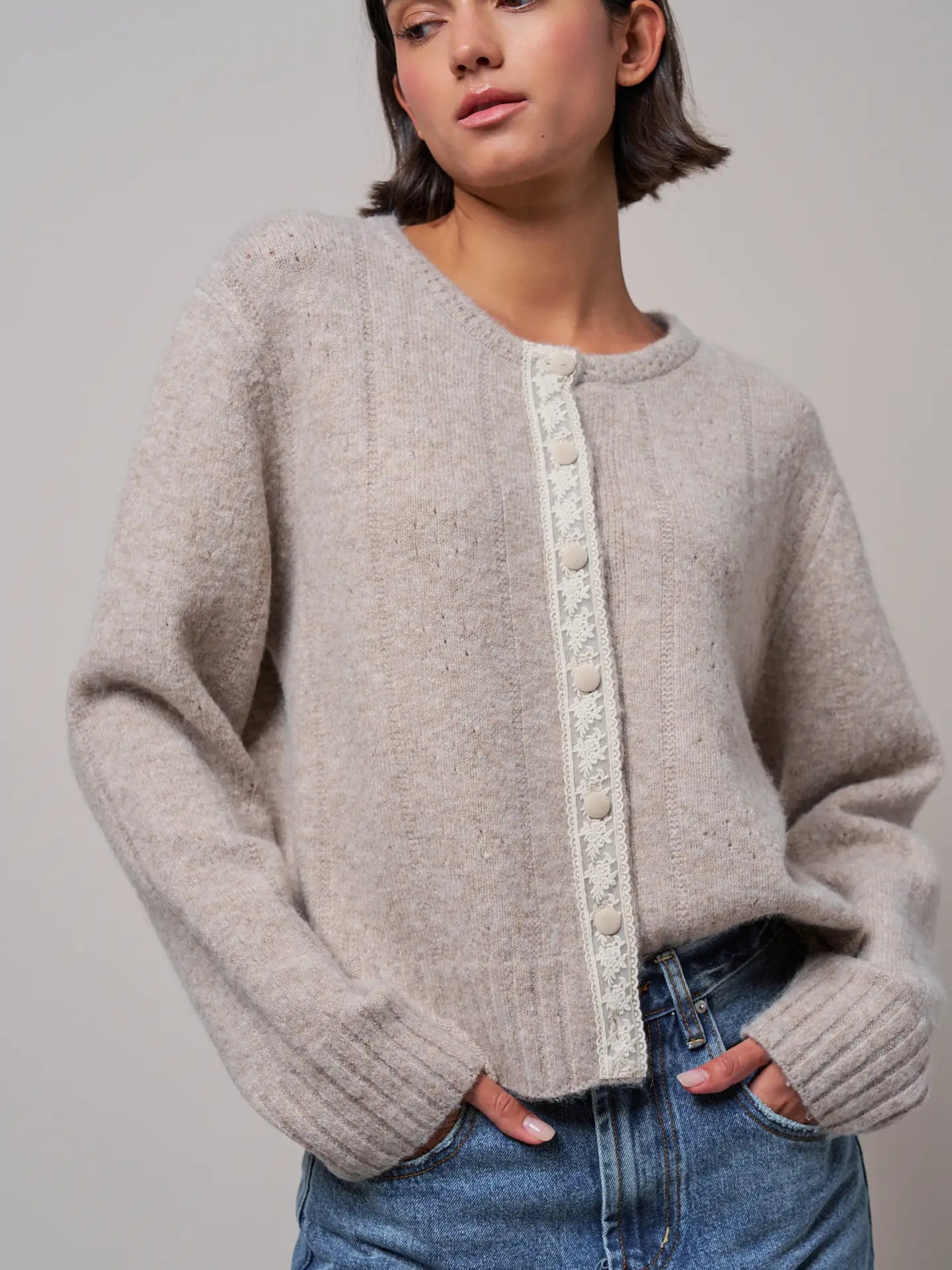 Lace Trim Wool Blend Cardigan
