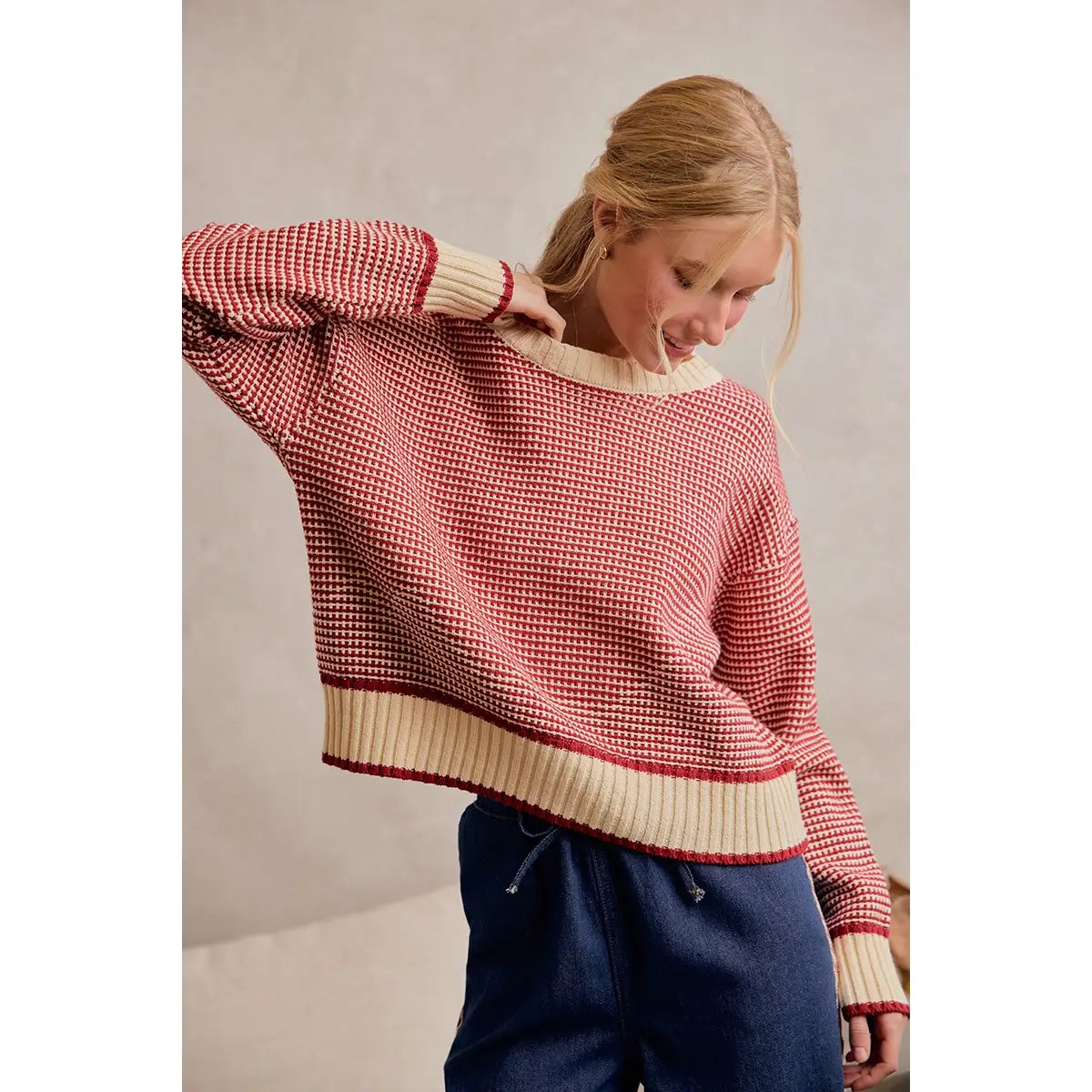 Red Textured Crew Neck Sweater