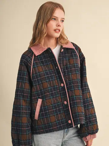Plaid Quilted Jacket with Contrast Corduroy Detail