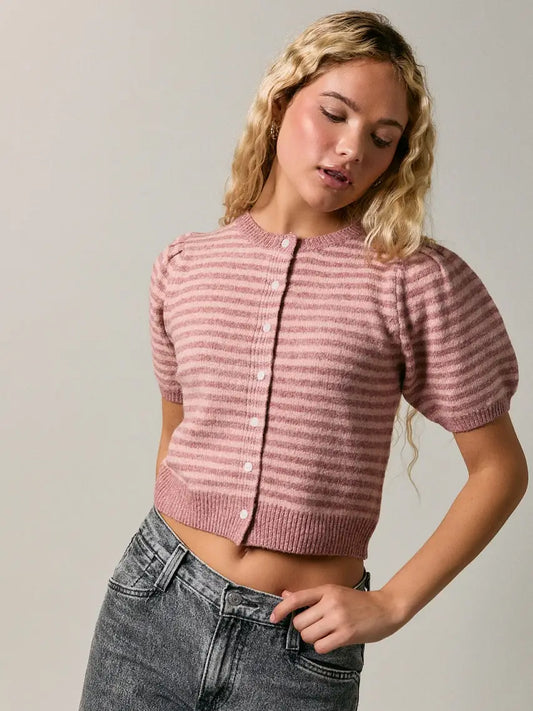 Puff Short Sleeve Cardigan Pink