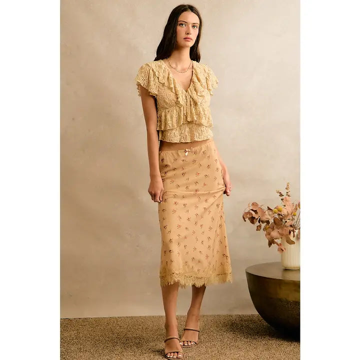 Satin Floral Print Lace Trim Skirt