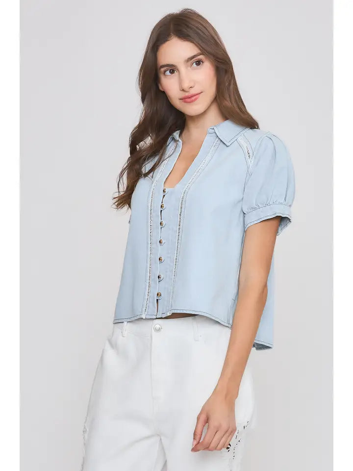 Light Blue Short Sleeve Button-Up Blouse