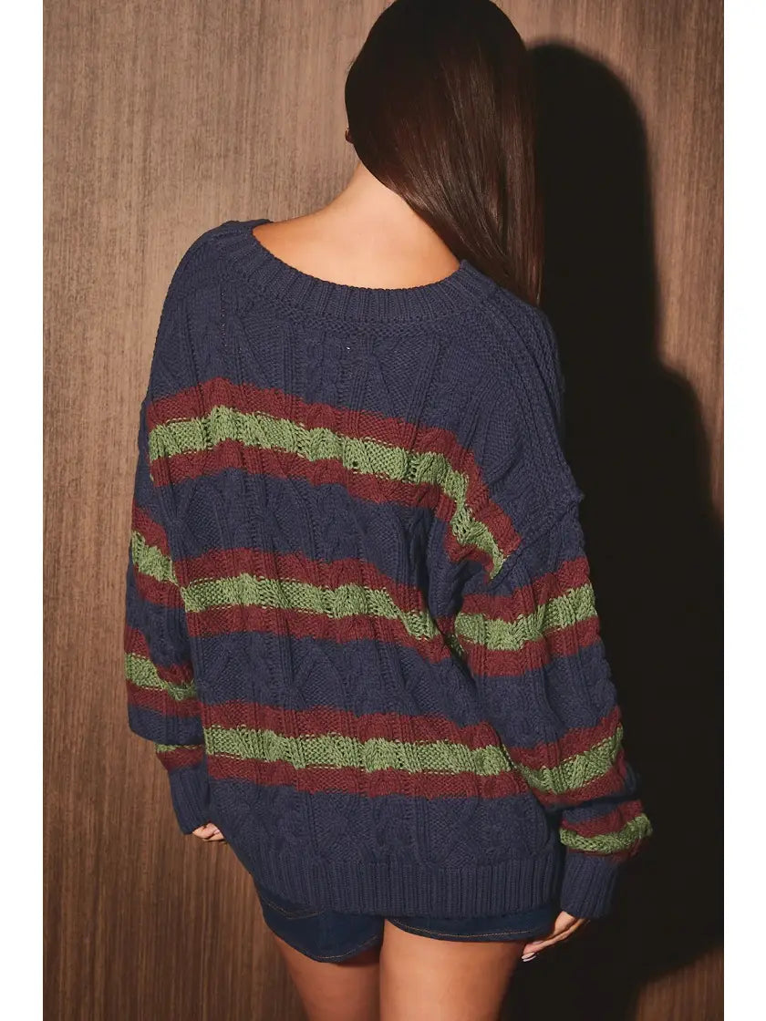Striped Cable Knit Crew Neck Sweater