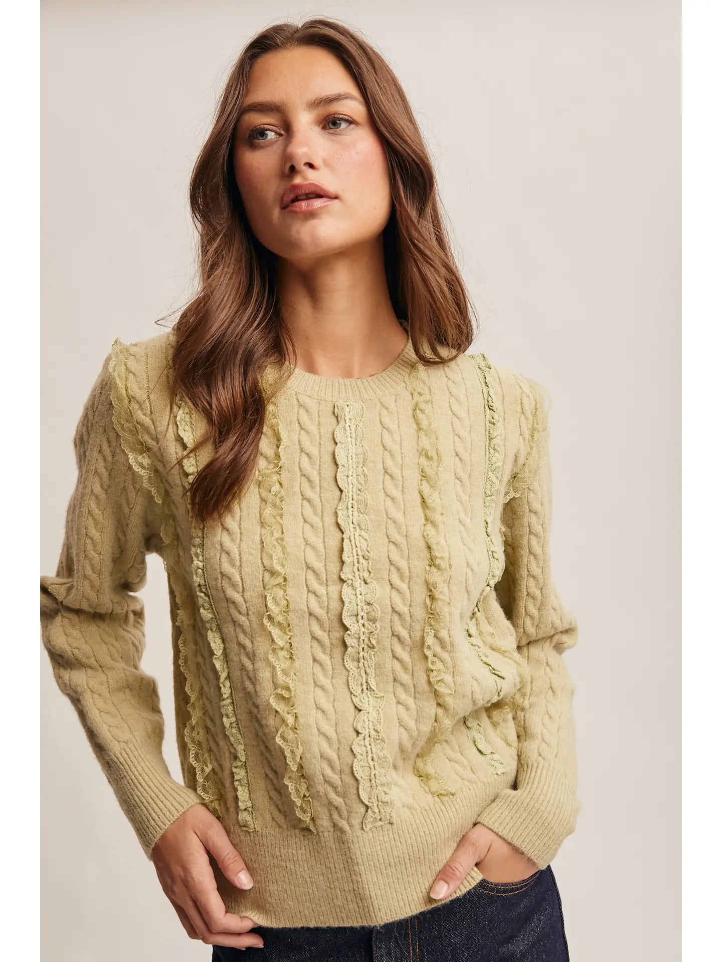 Lace Trim Cable Knit Pullover
