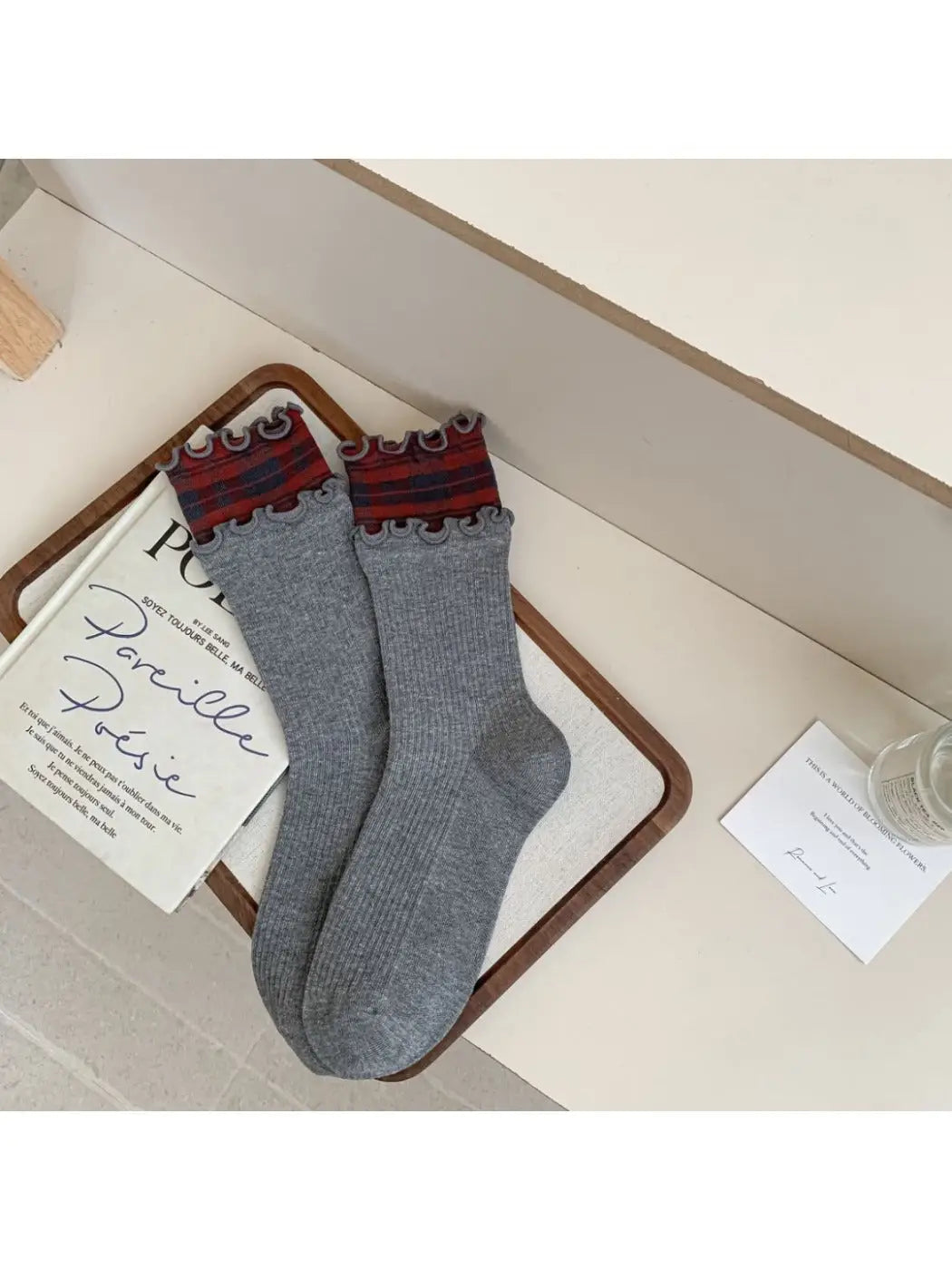 Ruffled Edge Plaid Mid-Calf Socks