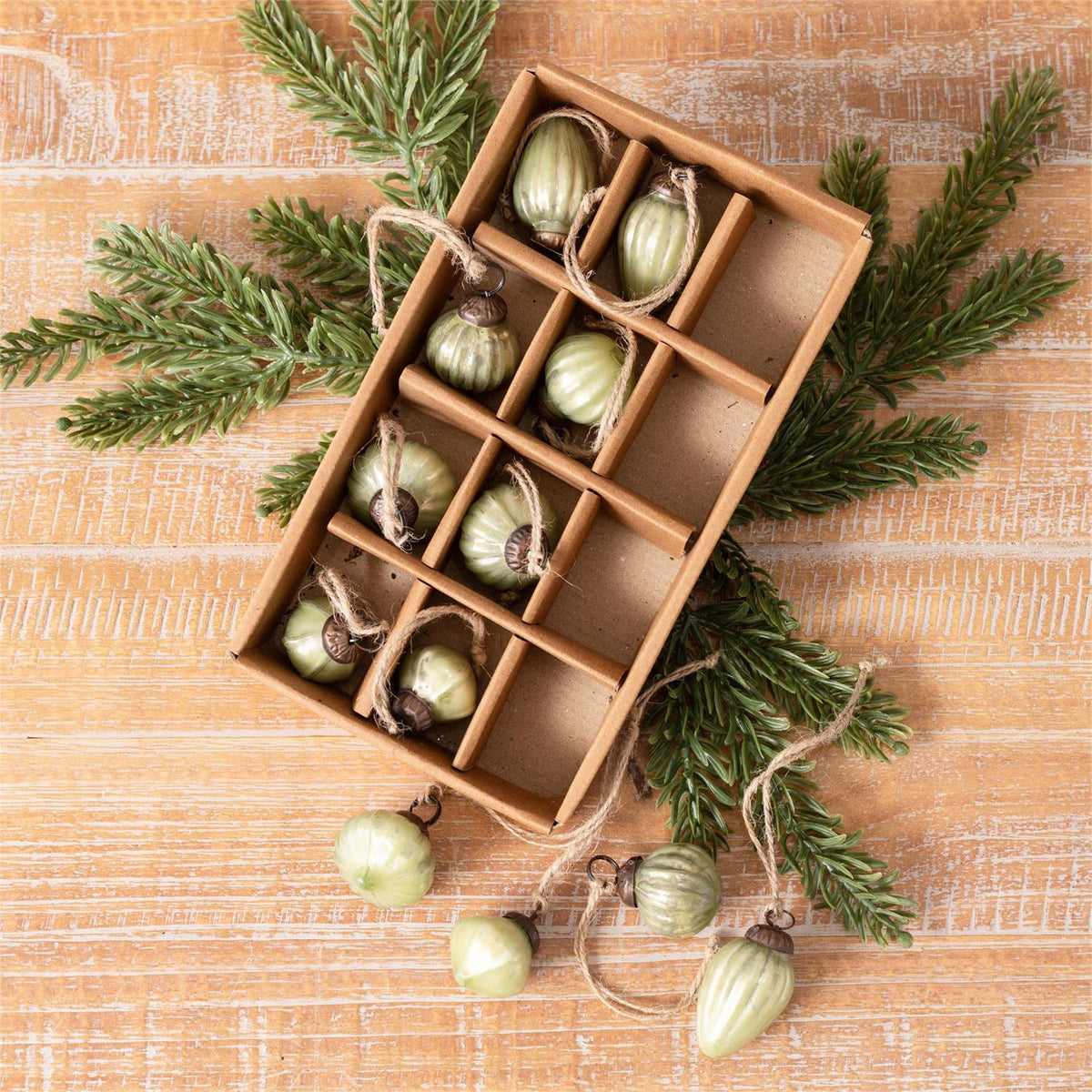 Box of 12 Mini Green Ornaments
