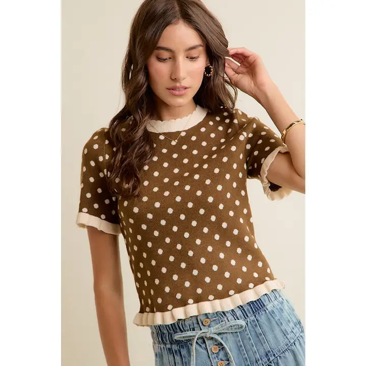 Polka Dot Ruffled Short Sleeves Sweater Knit Top