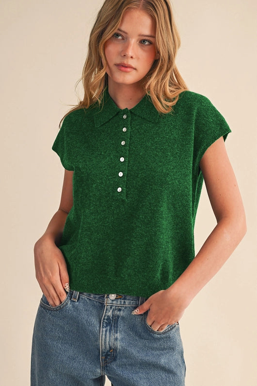 Cap Sleeve Collared Sweater Vest Green