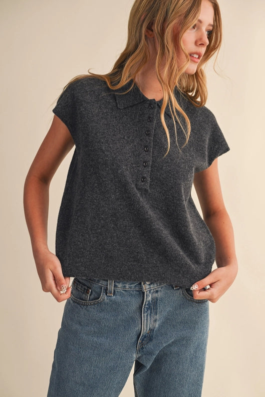 Cap Sleeve Collared Sweater Vest Charcoal