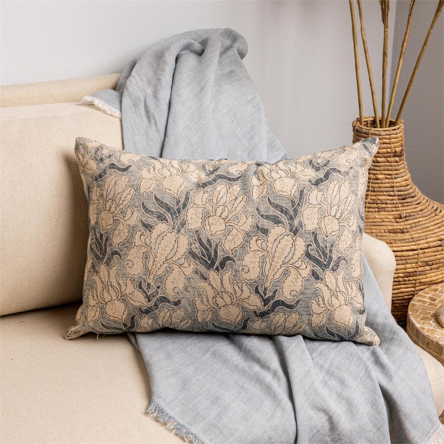 Blue Floral Kantha Stitch Pillow