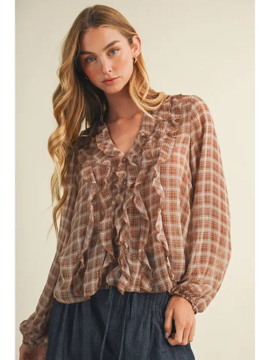 Ruffle Cascade Plaid Georgette Blouse