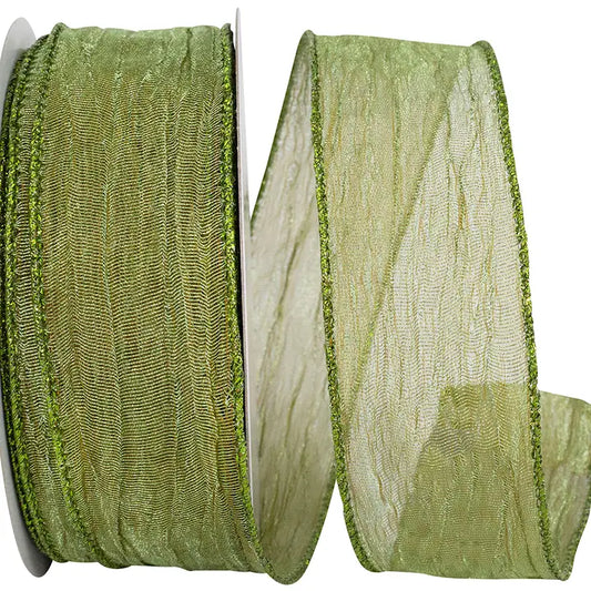 Crushed Mesh Wire Edge Ribbon Moss