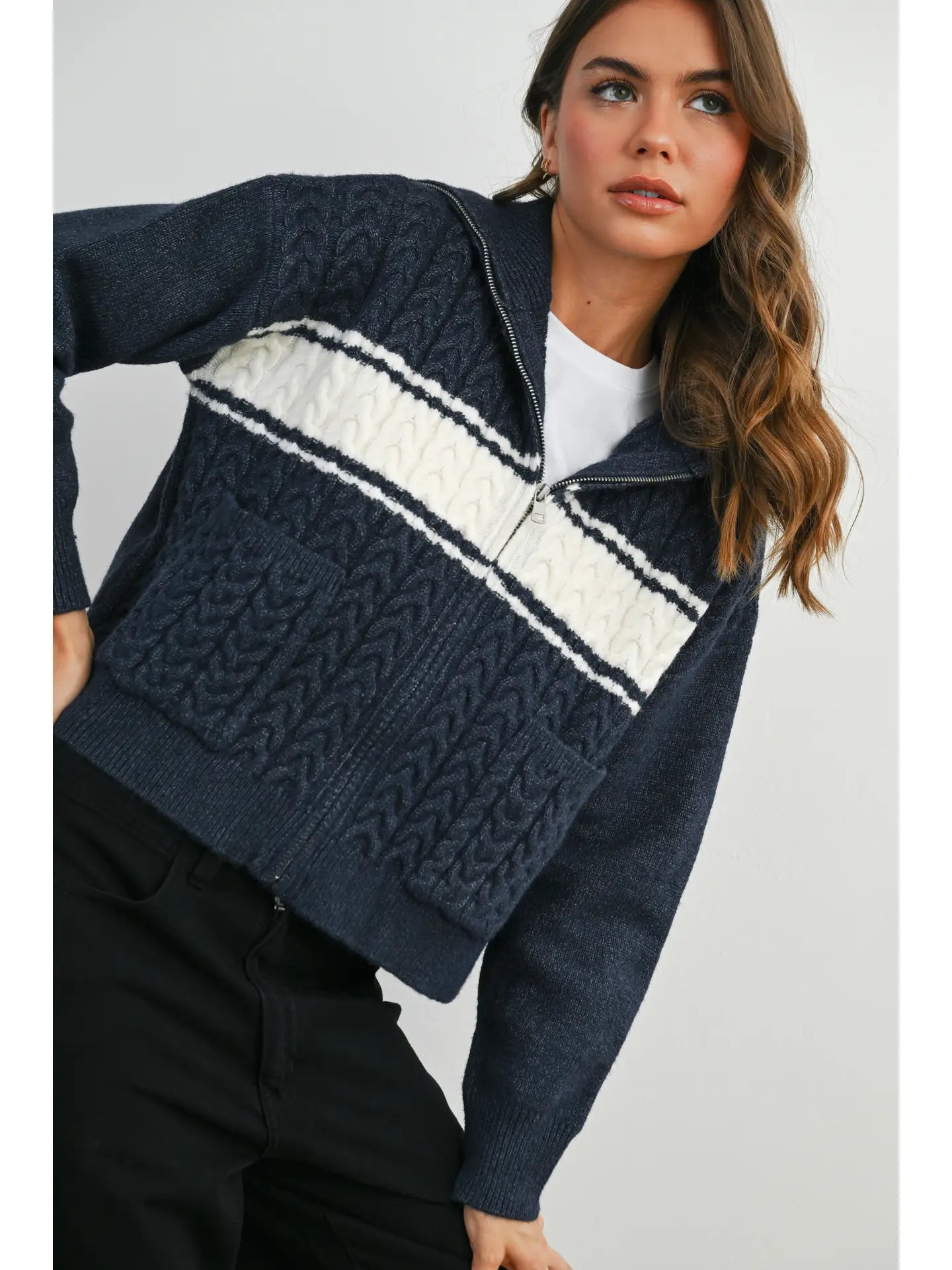 Zip Front Collared Stripe Cardigan