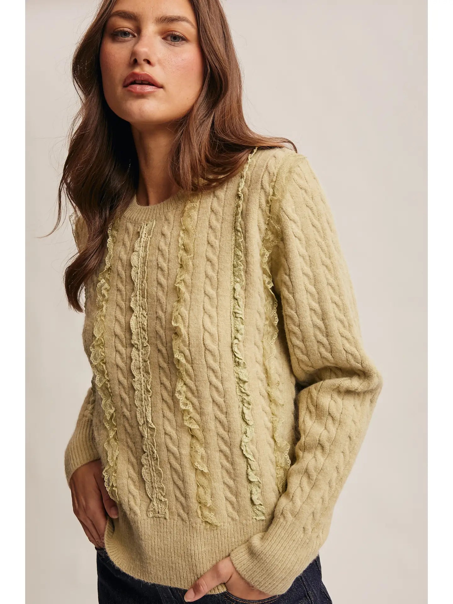 Lace Trim Cable Knit Pullover