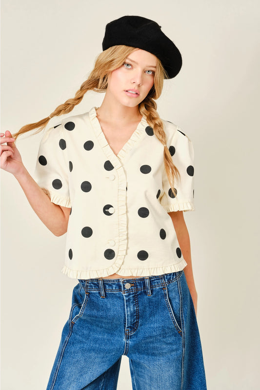 Ruffle Edge Dot Print Short Sleeve Top